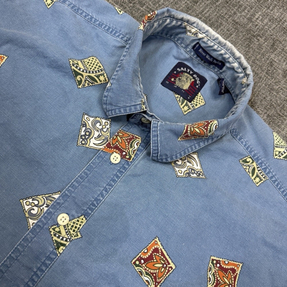 Vtg Gant Salty Dog Striped‎ Shirt Mens 2XLT Blue Fishing River Wash Poplin